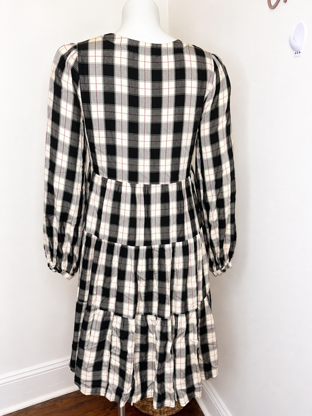 Maeve by Anthropologie Plaid Tiered Babydoll Dress | XS | Black Cream - Picture 4 of 5